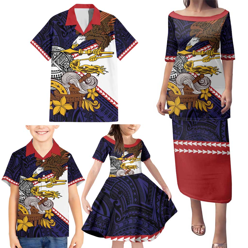 American Samoa Eagle Kava Bowl Family Matching Puletasi and Hawaiian Shirt Plumeria Polynesian Pattern