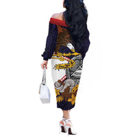 American Samoa Eagle Kava Bowl Off The Shoulder Long Sleeve Dress Plumeria Polynesian Pattern