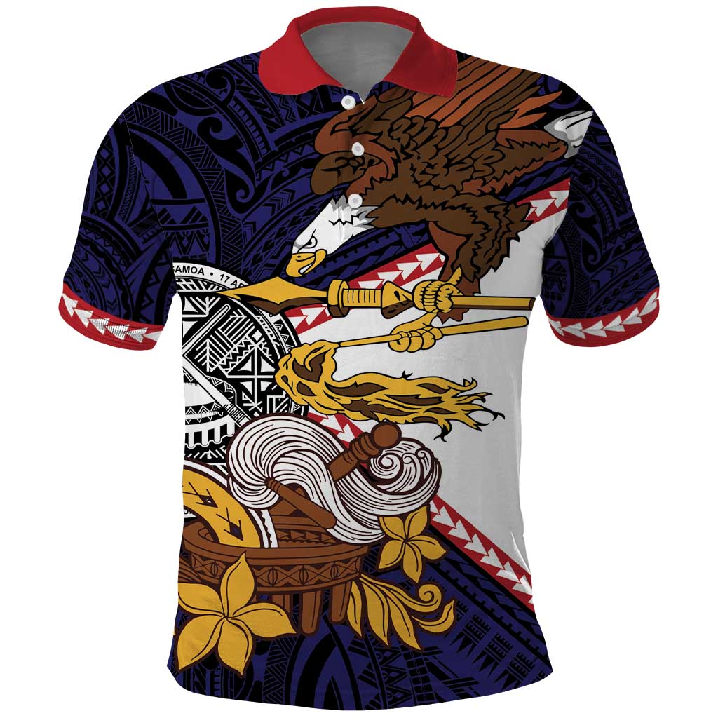 American Samoa Eagle Kava Bowl Polo Shirt Plumeria Polynesian Pattern