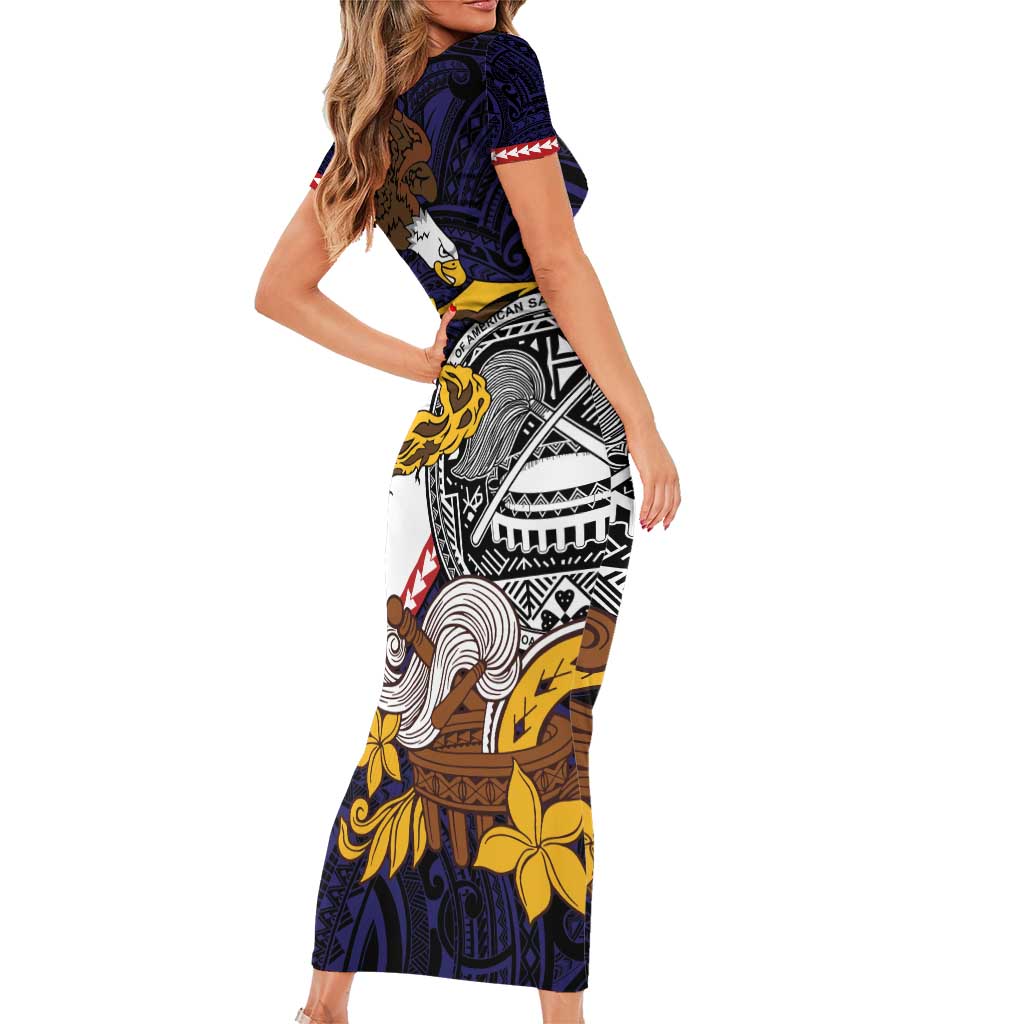 American Samoa Eagle Kava Bowl Short Sleeve Bodycon Dress Plumeria Polynesian Pattern