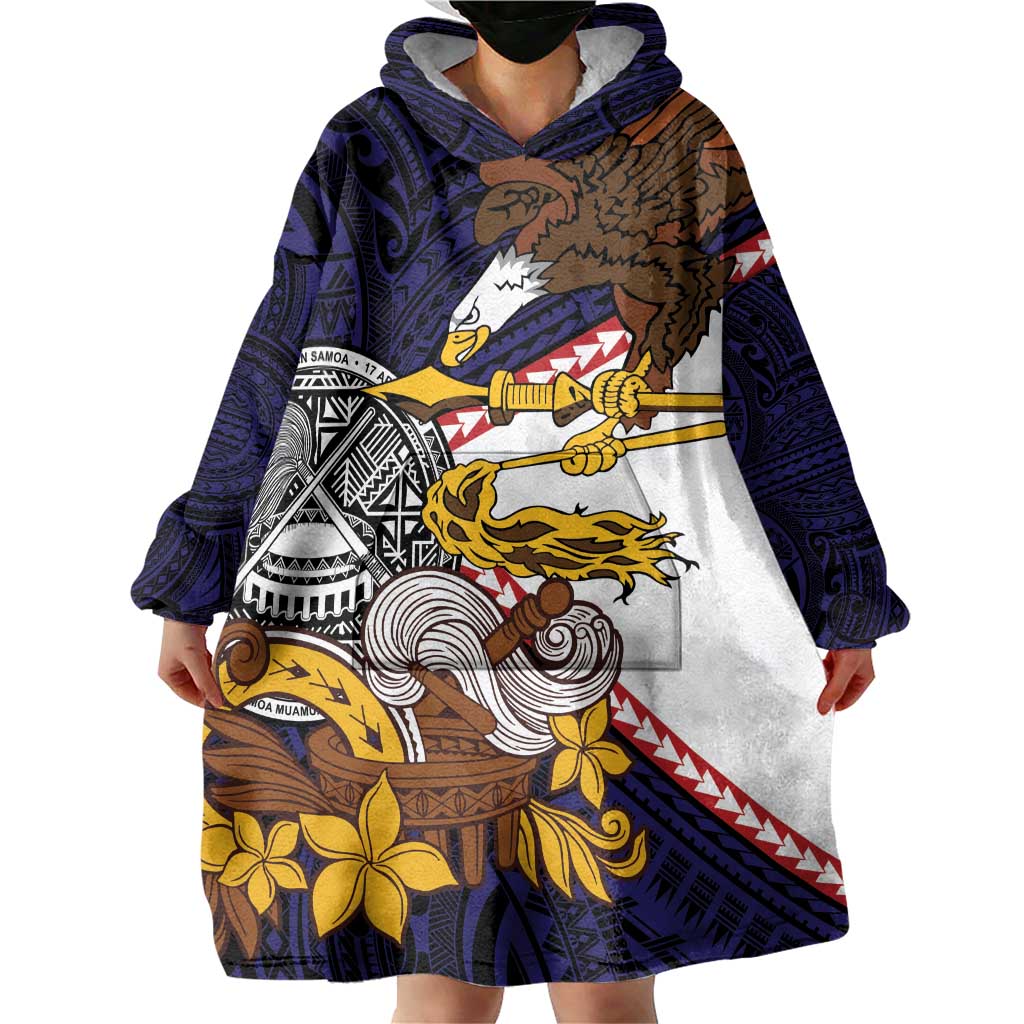 American Samoa Eagle Kava Bowl Wearable Blanket Hoodie Plumeria Polynesian Pattern