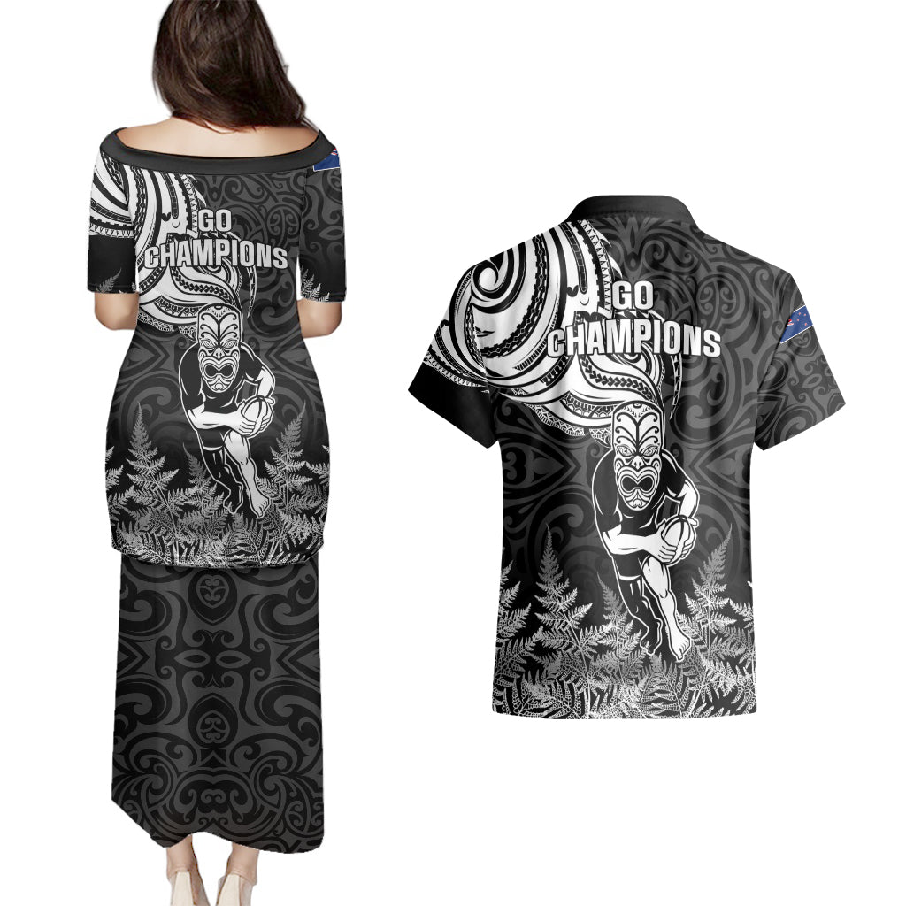 New Zealand Silver Fern Rugby Couples Matching Puletasi Dress and Hawaiian Shirt Maori Tiki Player With Ta Moko Tribal LT01 - Polynesian Pride