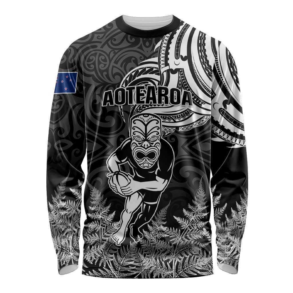 New Zealand Silver Fern Rugby Long Sleeve Shirt Maori Tiki Player With Ta Moko Tribal LT01 Unisex Black - Polynesian Pride