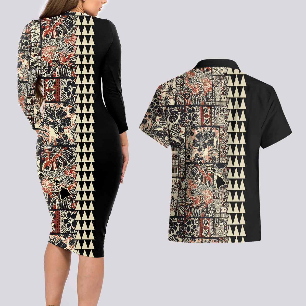 Hawaiian Quilt Couples Matching Long Sleeve Bodycon Dress and Hawaiian Shirt Hibiscus Kakau Vintage Style LT01 - Polynesian Pride