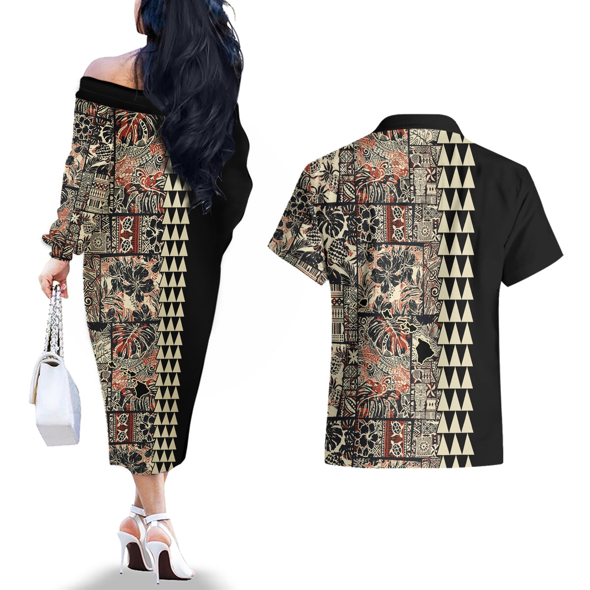 Hawaiian Quilt Couples Matching Off The Shoulder Long Sleeve Dress and Hawaiian Shirt Hibiscus Kakau Vintage Style LT01 - Polynesian Pride
