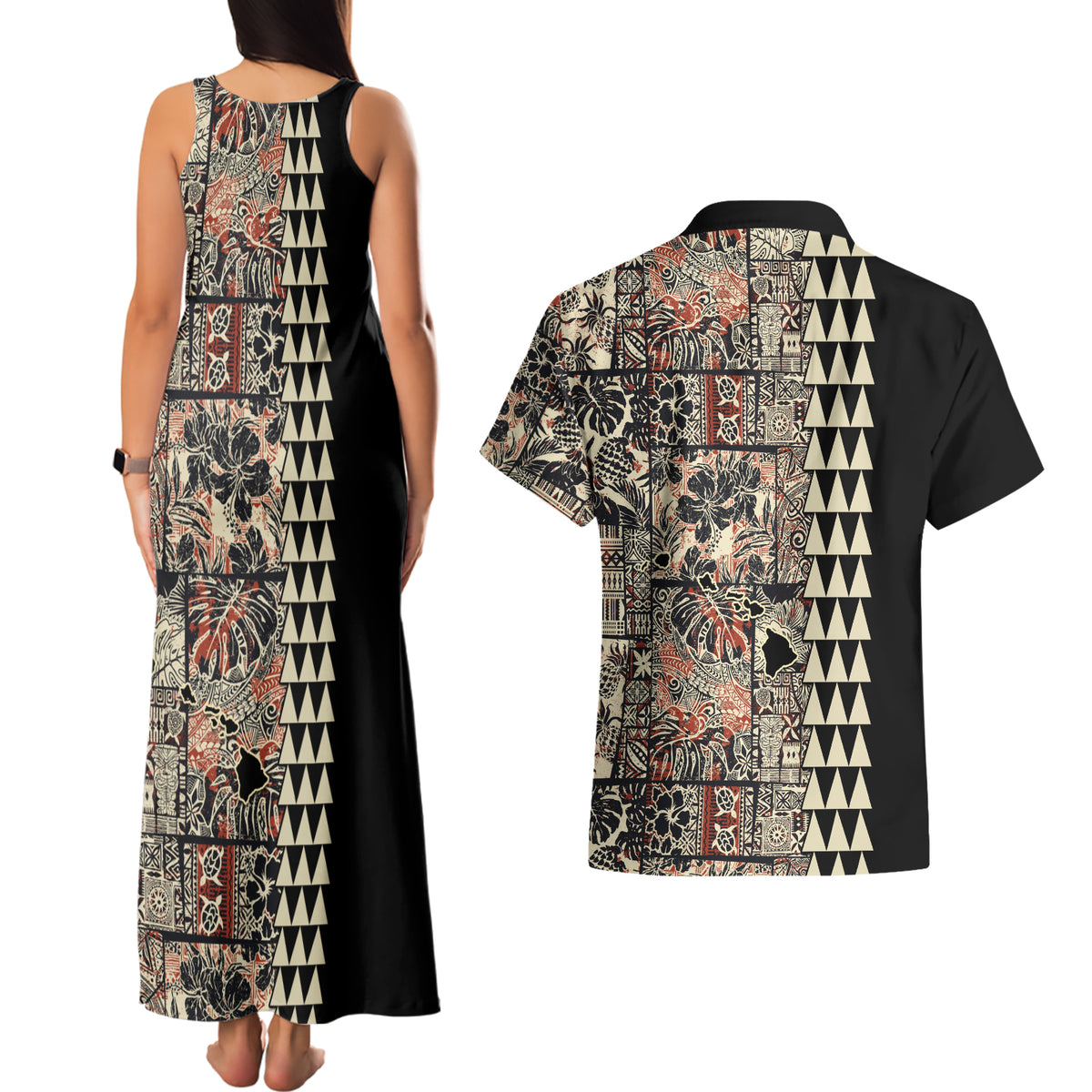 Hawaiian Quilt Couples Matching Tank Maxi Dress and Hawaiian Shirt Hibiscus Kakau Vintage Style LT01 - Polynesian Pride