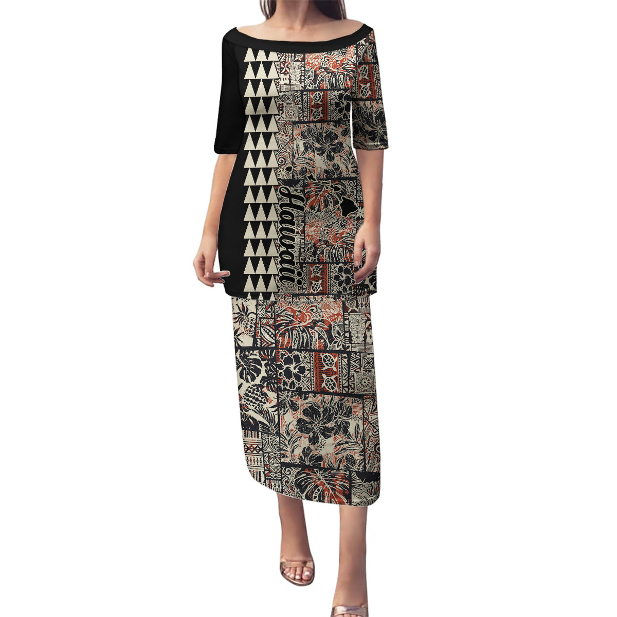 Hawaiian Quilt Family Matching Puletasi Dress and Hawaiian Shirt Hibiscus Kakau Vintage Style LT01 Mom's Dress Beige - Polynesian Pride