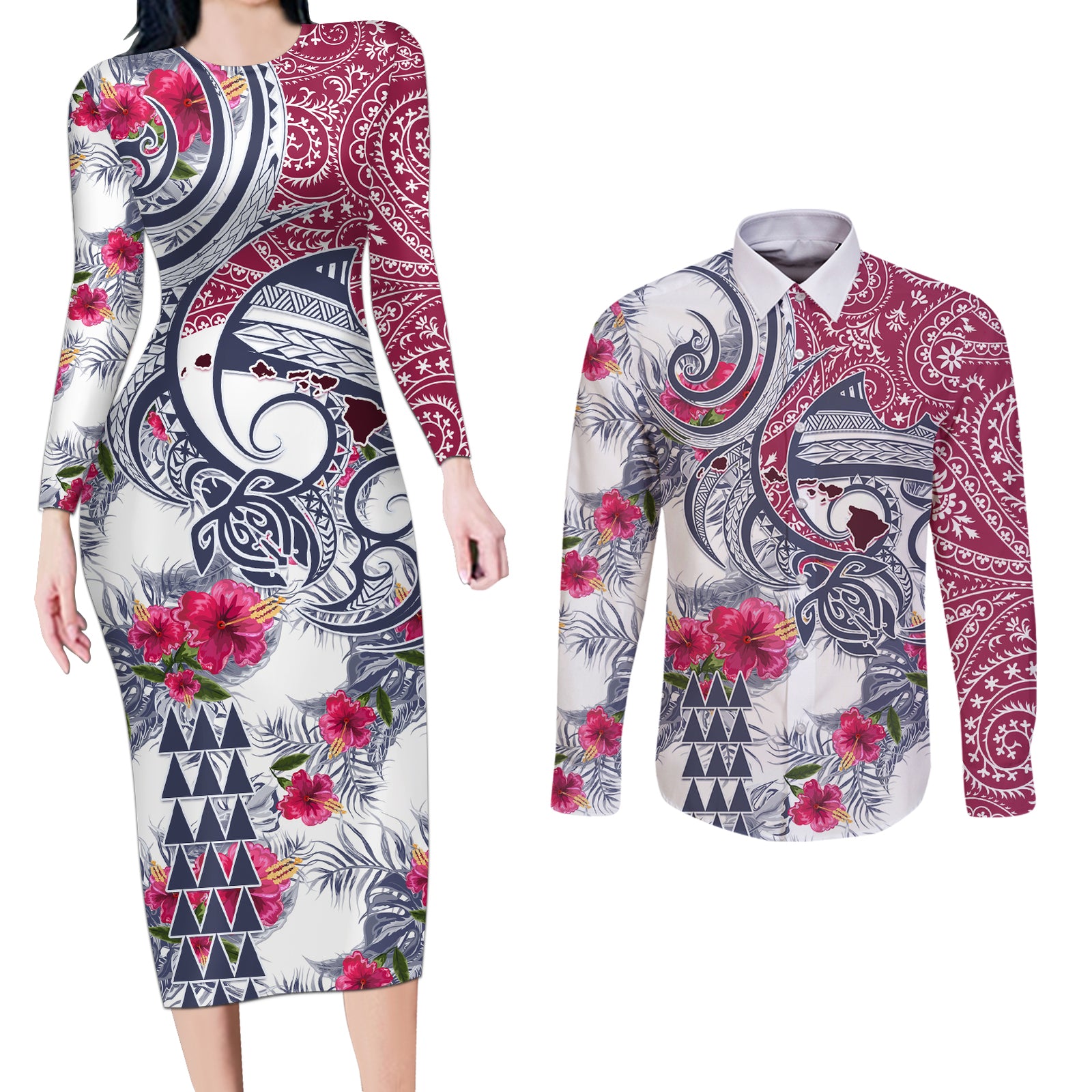 Hawaii Kakau Mix Paisley Pattern Couples Matching Long Sleeve Bodycon Dress and Long Sleeve Button Shirt Polynesian Tropical Unique Style LT01 White - Polynesian Pride