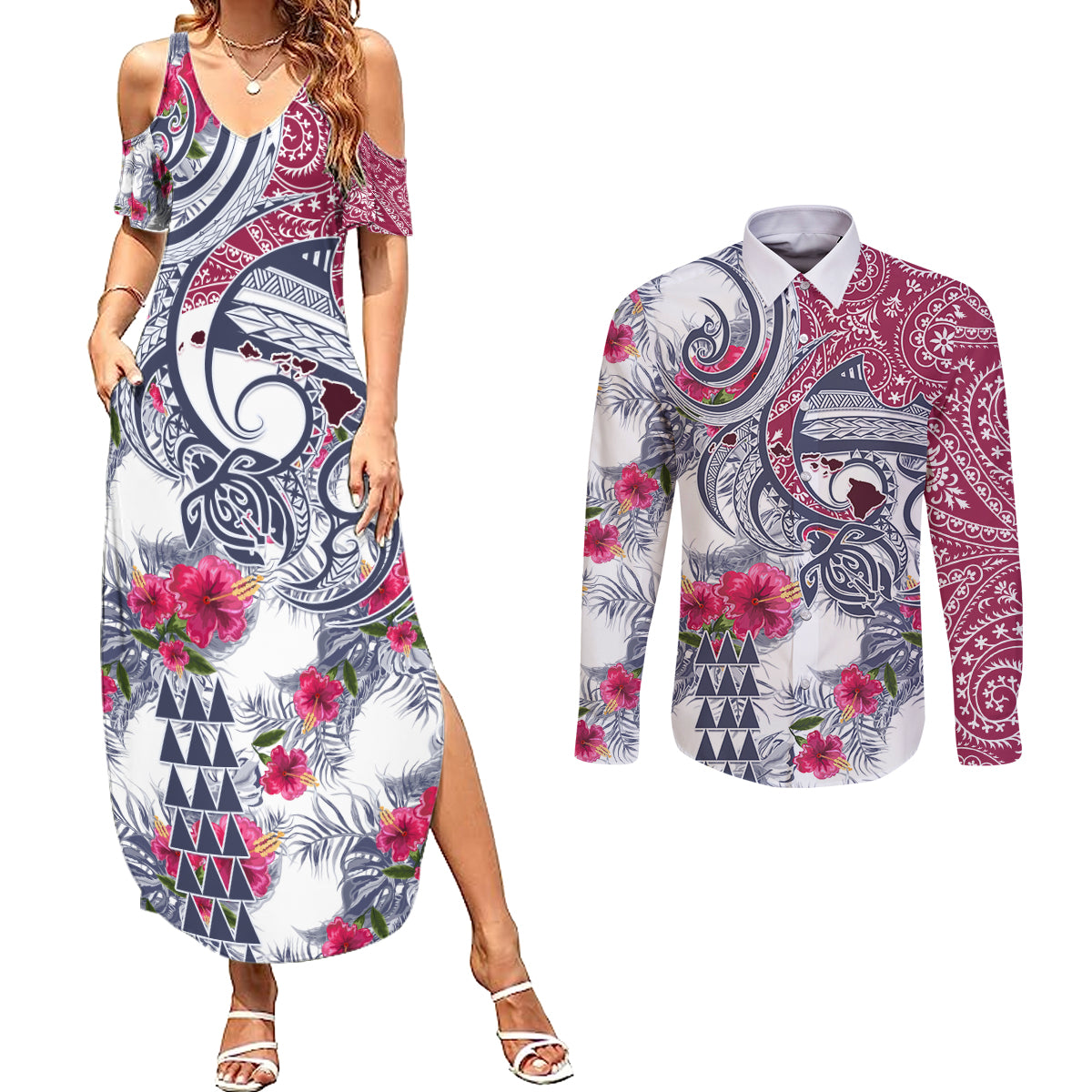 Hawaii Kakau Mix Paisley Pattern Couples Matching Summer Maxi Dress and Long Sleeve Button Shirt Polynesian Tropical Unique Style LT01 White - Polynesian Pride