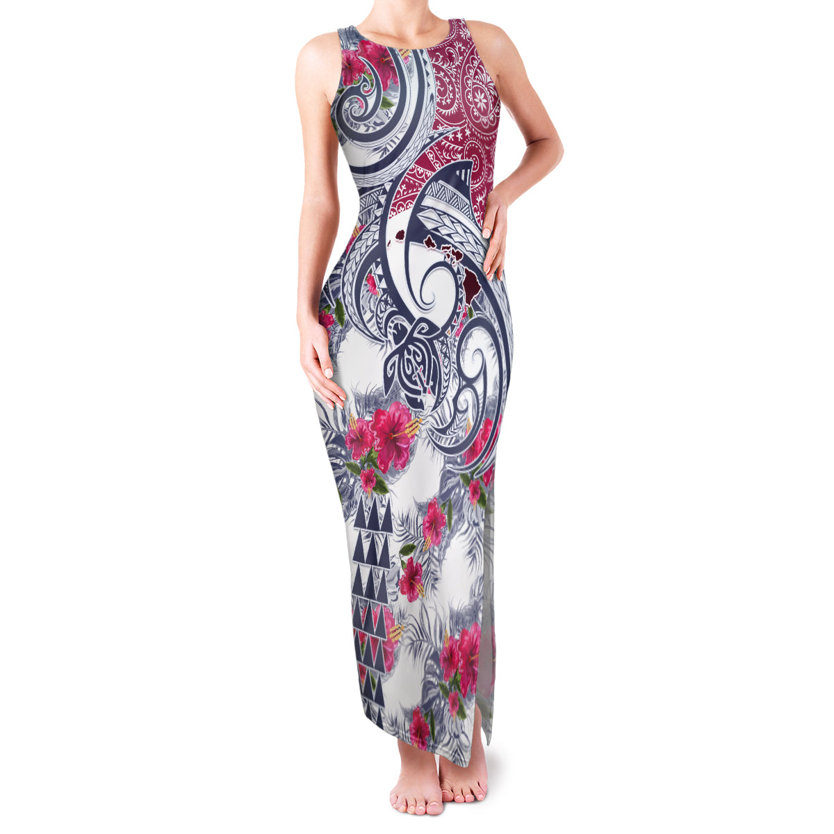Hawaii Kakau Mix Paisley Pattern Family Matching Tank Maxi Dress and Hawaiian Shirt Polynesian Tropical Unique Style LT01 Mom's Dress White - Polynesian Pride