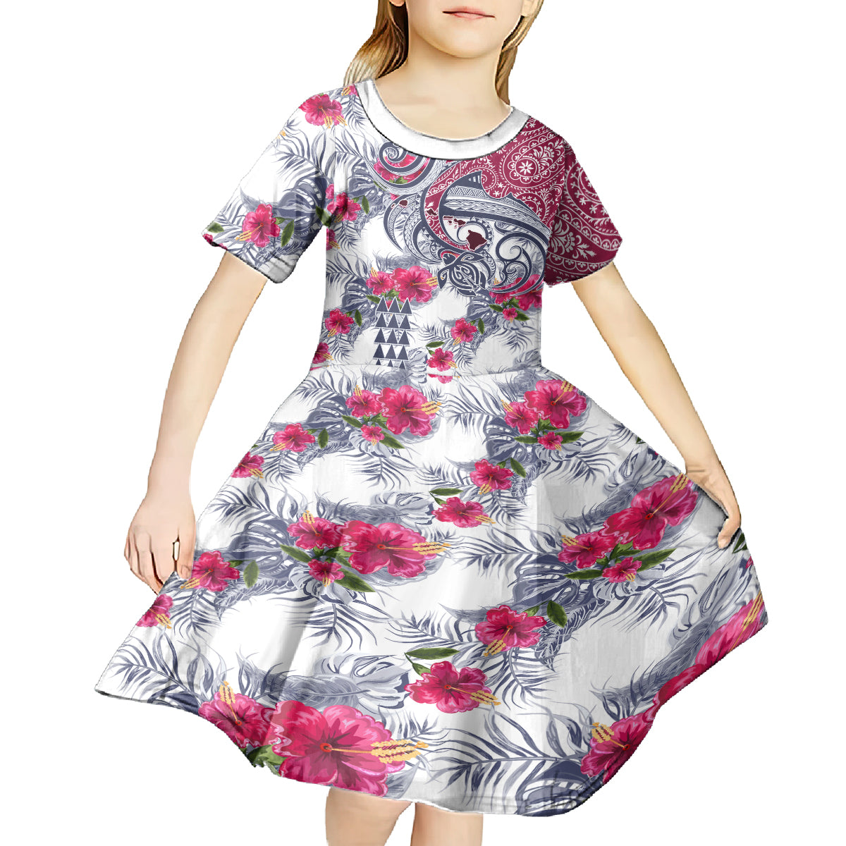 Hawaii Kakau Mix Paisley Pattern Kid Short Sleeve Dress Polynesian Tropical Unique Style LT01 - Polynesian Pride