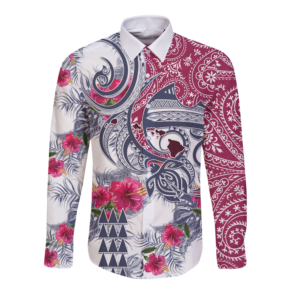 Hawaii Kakau Mix Paisley Pattern Long Sleeve Button Shirt Polynesian Tropical Unique Style LT01 Unisex White - Polynesian Pride