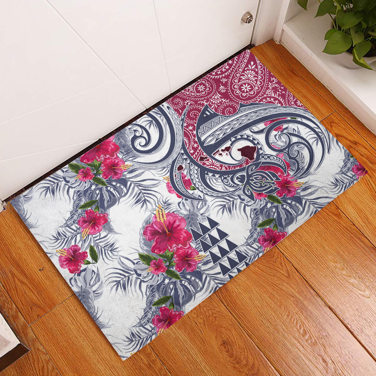 Hawaii Kakau Mix Paisley Pattern Rubber Doormat Polynesian Tropical Unique Style LT01 White - Polynesian Pride