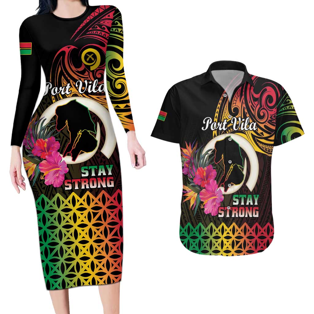 Personalised Vanuatu Port Vila Stay Strong Couples Matching Long Sleeve Bodycon Dress and Hawaiian Shirt Long God Yumi Stanap LT01 Black - Polynesian Pride