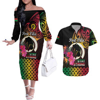 Personalised Vanuatu Port Vila Stay Strong Couples Matching Off The Shoulder Long Sleeve Dress and Hawaiian Shirt Long God Yumi Stanap LT01 Black - Polynesian Pride