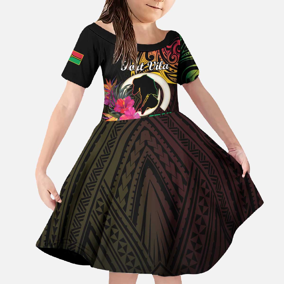 Personalised Vanuatu Port Vila Stay Strong Family Matching Off The Shoulder Long Sleeve Dress and Hawaiian Shirt Long God Yumi Stanap LT01 Daughter's Dress Black - Polynesian Pride