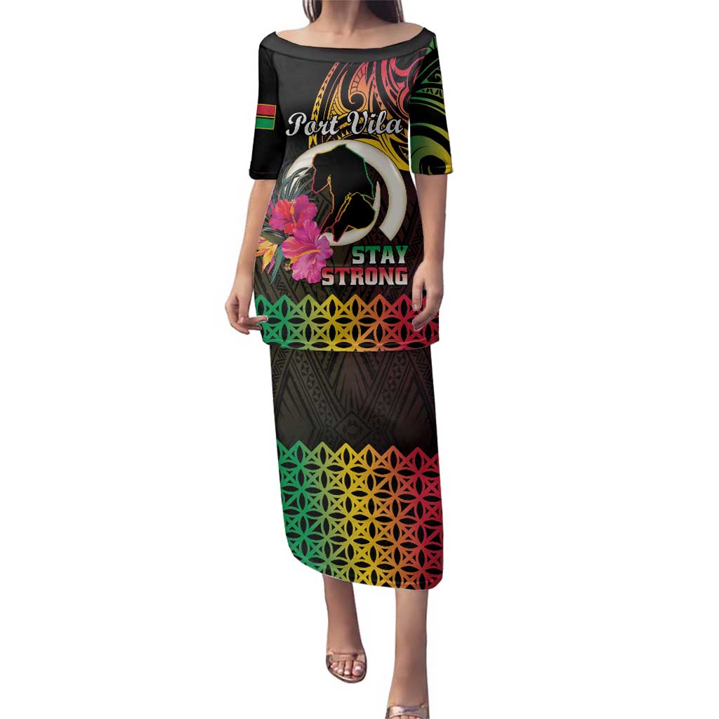 Personalised Vanuatu Port Vila Stay Strong Family Matching Puletasi and Hawaiian Shirt Long God Yumi Stanap LT01 Mom's Dress Black - Polynesian Pride