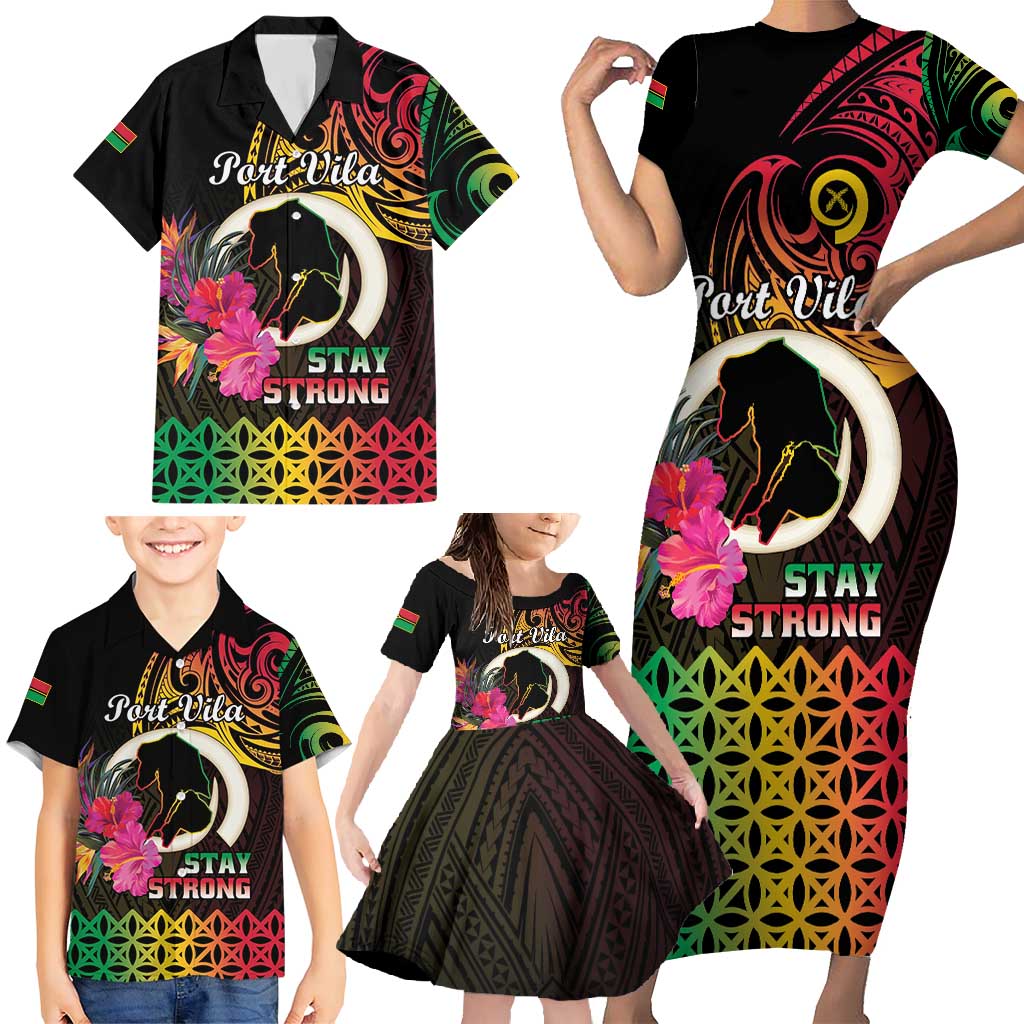 Personalised Vanuatu Port Vila Stay Strong Family Matching Short Sleeve Bodycon Dress and Hawaiian Shirt Long God Yumi Stanap LT01 - Polynesian Pride