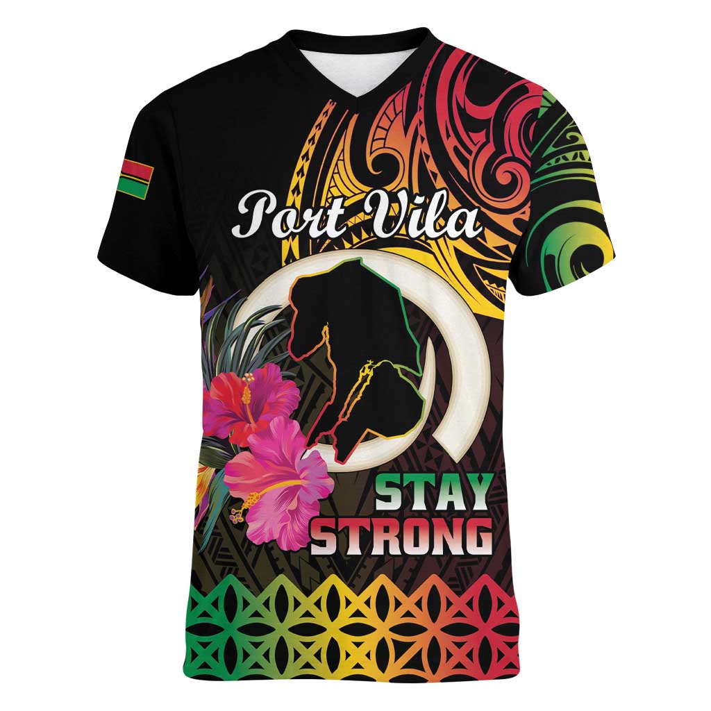 Personalised Vanuatu Port Vila Stay Strong Women V-Neck T-Shirt Long God Yumi Stanap