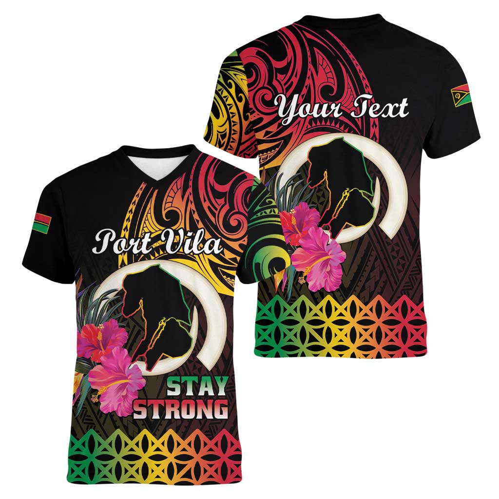 Personalised Vanuatu Port Vila Stay Strong Women V-Neck T-Shirt Long God Yumi Stanap