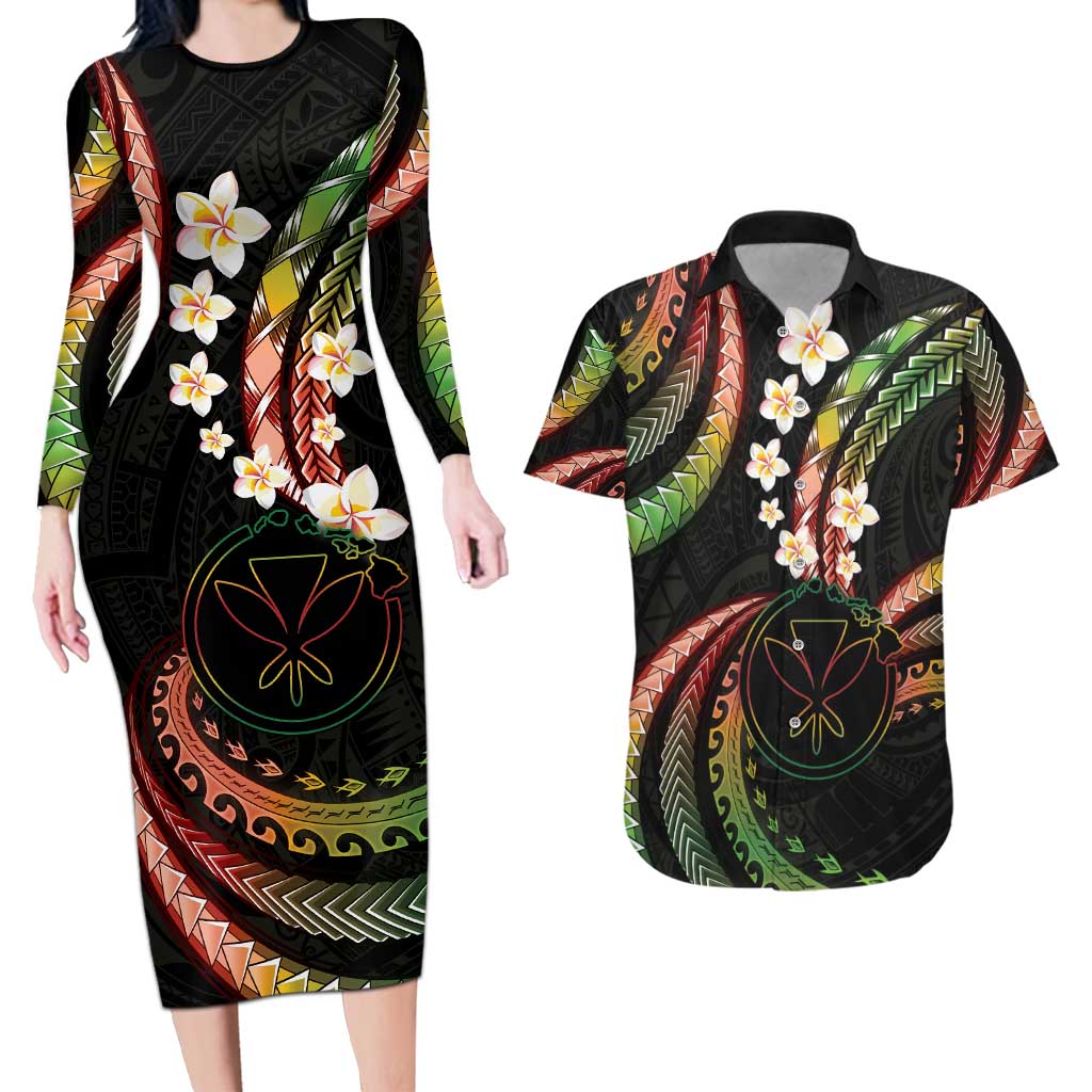Hawaii Map Kanaka Maoli Couples Matching Long Sleeve Bodycon Dress and Hawaiian Shirt Fantastic Frangipani Reggae LT01 Reggae - Polynesian Pride