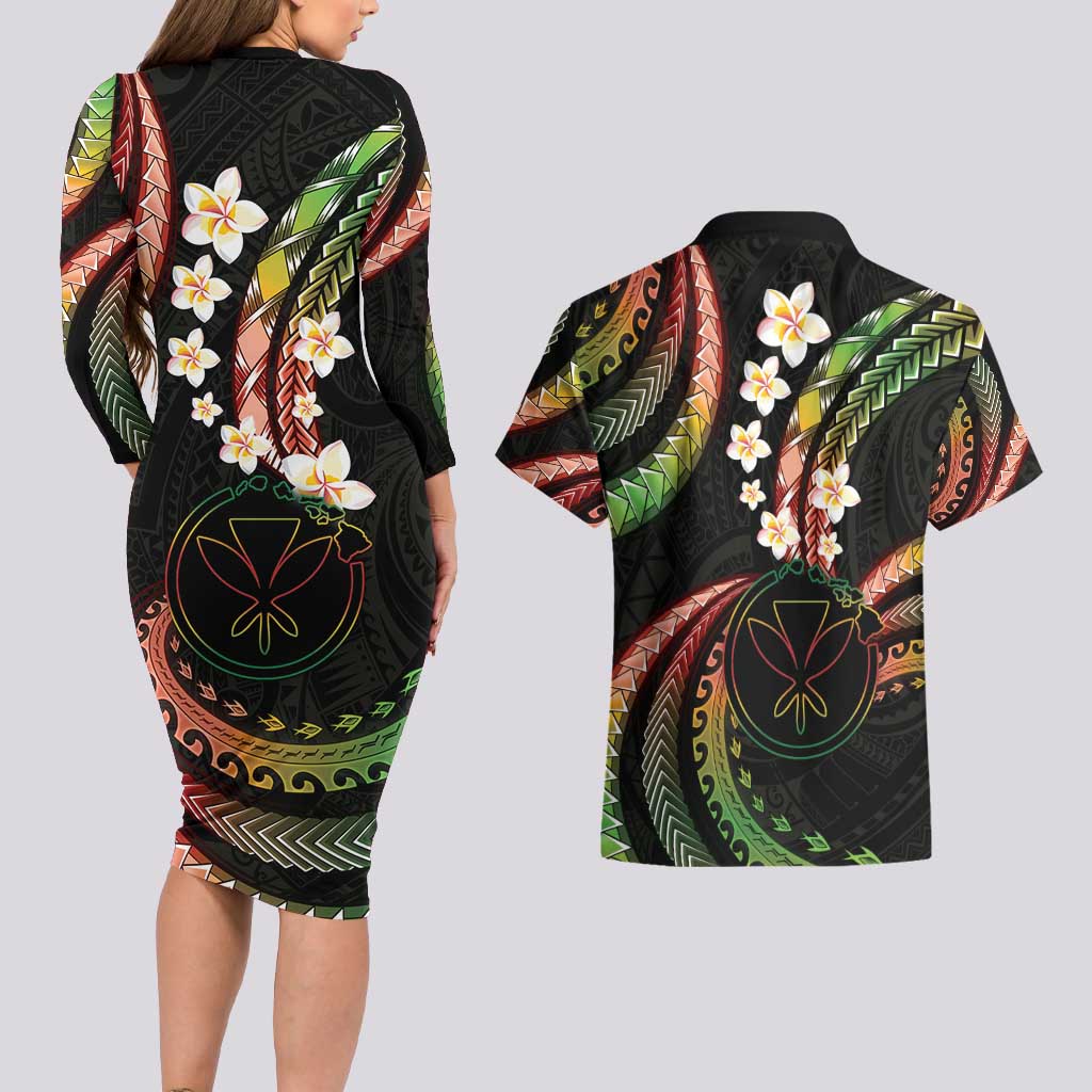 Hawaii Map Kanaka Maoli Couples Matching Long Sleeve Bodycon Dress and Hawaiian Shirt Fantastic Frangipani Reggae LT01 - Polynesian Pride