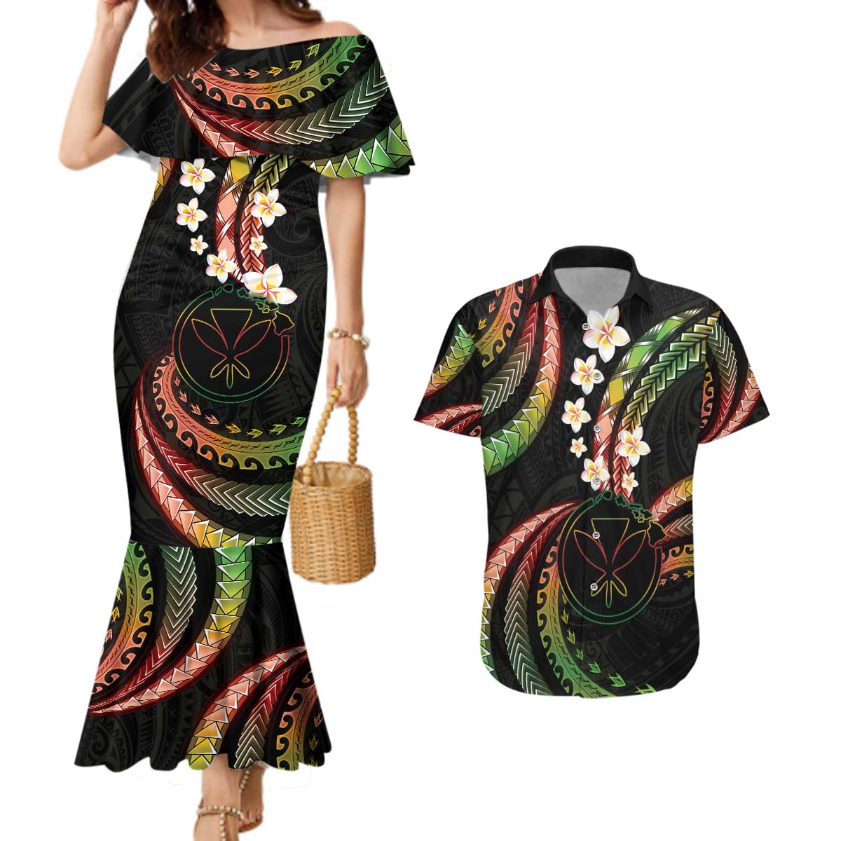 Hawaii Map Kanaka Maoli Couples Matching Mermaid Dress and Hawaiian Shirt Fantastic Frangipani Reggae LT01 Reggae - Polynesian Pride