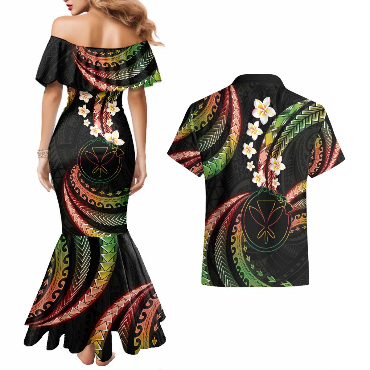 Hawaii Map Kanaka Maoli Couples Matching Mermaid Dress and Hawaiian Shirt Fantastic Frangipani Reggae LT01 - Polynesian Pride