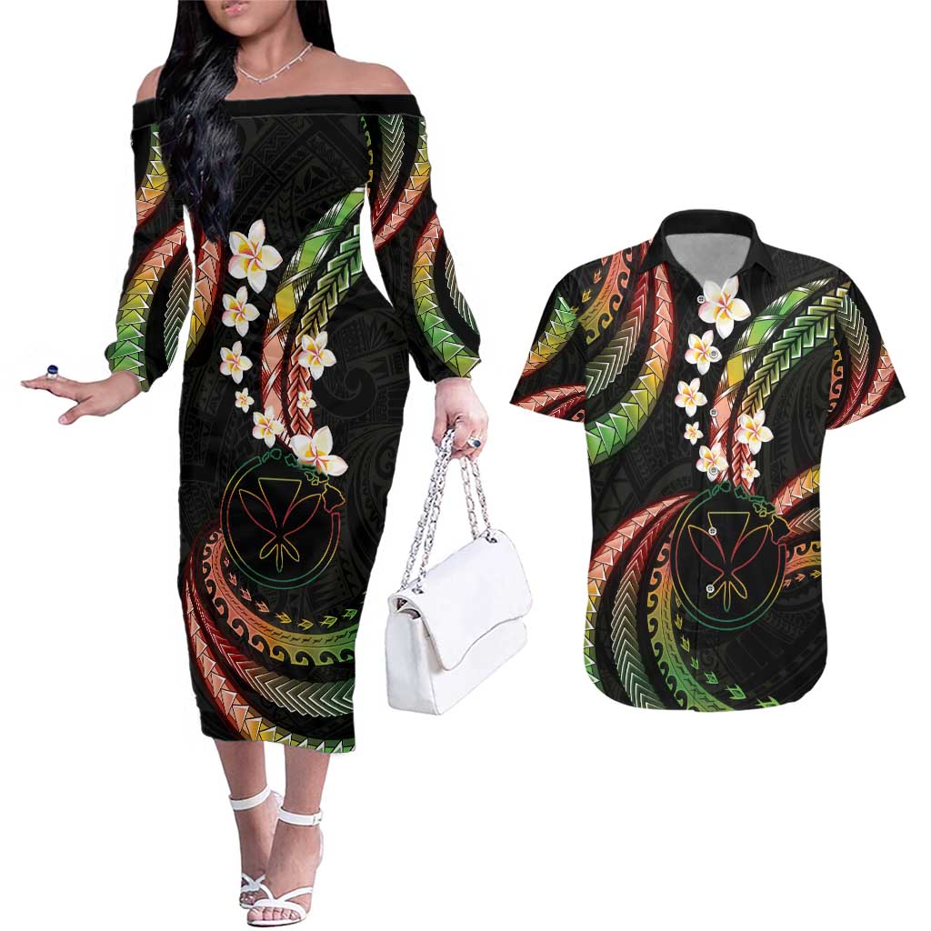 Hawaii Map Kanaka Maoli Couples Matching Off The Shoulder Long Sleeve Dress and Hawaiian Shirt Fantastic Frangipani Reggae