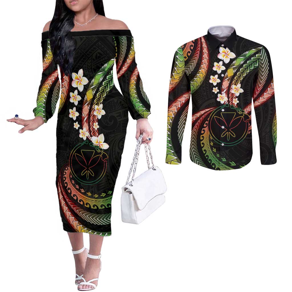 Hawaii Map Kanaka Maoli Couples Matching Off The Shoulder Long Sleeve Dress and Long Sleeve Button Shirt Fantastic Frangipani Reggae