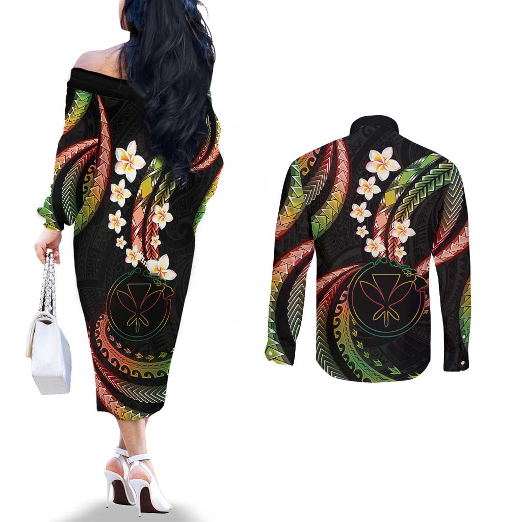 Hawaii Map Kanaka Maoli Couples Matching Off The Shoulder Long Sleeve Dress and Long Sleeve Button Shirt Fantastic Frangipani Reggae