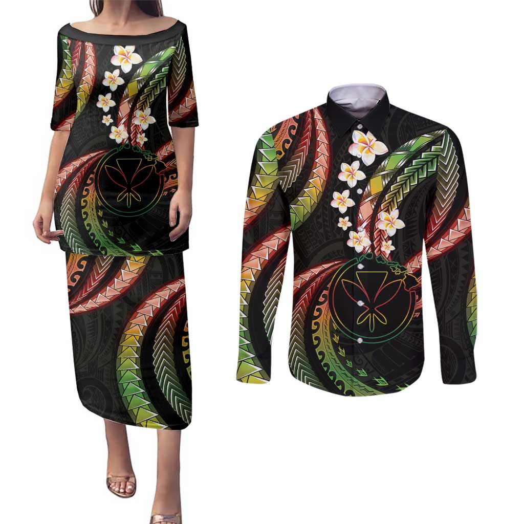 Hawaii Map Kanaka Maoli Couples Matching Puletasi and Long Sleeve Button Shirt Fantastic Frangipani Reggae