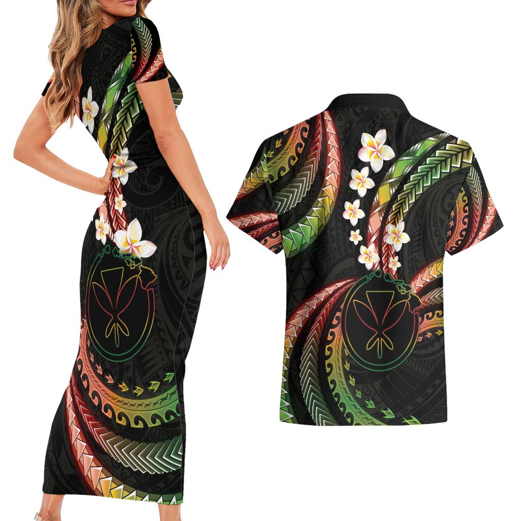 Hawaii Map Kanaka Maoli Couples Matching Short Sleeve Bodycon Dress and Hawaiian Shirt Fantastic Frangipani Reggae LT01 - Polynesian Pride