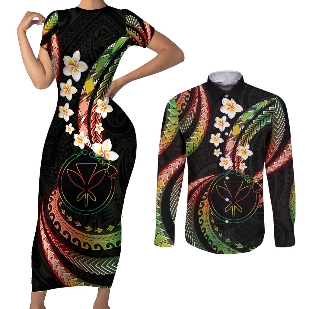 Hawaii Map Kanaka Maoli Couples Matching Short Sleeve Bodycon Dress and Long Sleeve Button Shirt Fantastic Frangipani Reggae