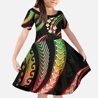 Hawaii Map Kanaka Maoli Family Matching Off The Shoulder Long Sleeve Dress and Hawaiian Shirt Fantastic Frangipani Reggae LT01 Daughter's Dress Reggae - Polynesian Pride