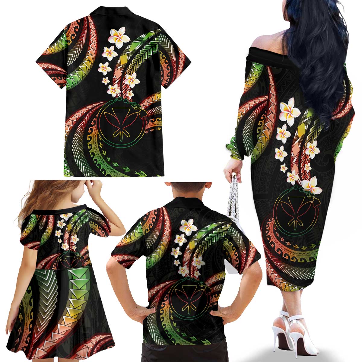 Hawaii Map Kanaka Maoli Family Matching Off The Shoulder Long Sleeve Dress and Hawaiian Shirt Fantastic Frangipani Reggae LT01 - Polynesian Pride