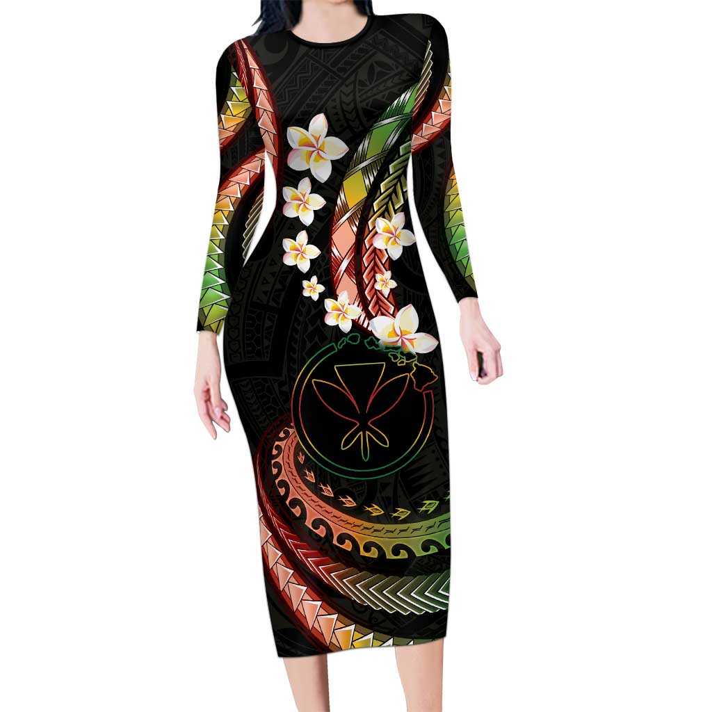 Hawaii Map Kanaka Maoli Long Sleeve Bodycon Dress Fantastic Frangipani Reggae