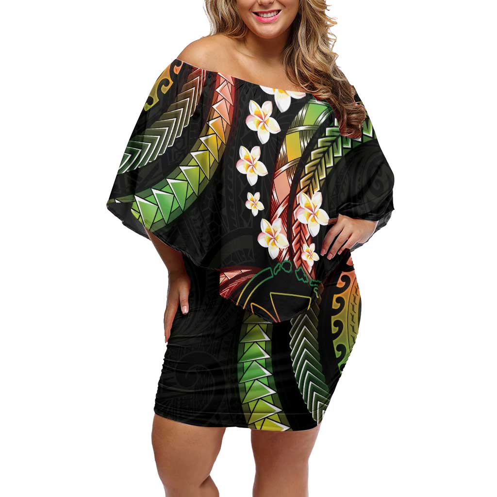 Hawaii Map Kanaka Maoli Off Shoulder Short Dress Fantastic Frangipani Reggae