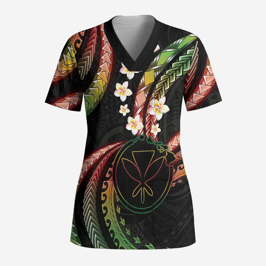 Hawaii Map Kanaka Maoli Scrub Top Fantastic Frangipani Reggae - Polynesian Pride