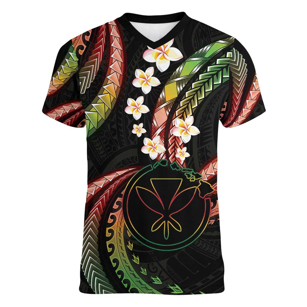 Hawaii Map Kanaka Maoli Women V-Neck T-Shirt Fantastic Frangipani Reggae