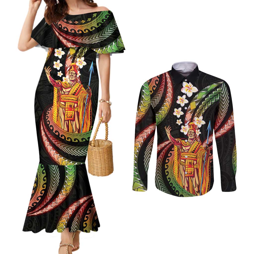 Hawaii King Kamehameha Couples Matching Mermaid Dress and Long Sleeve Button Shirt Fantastic Plumeria Reggae