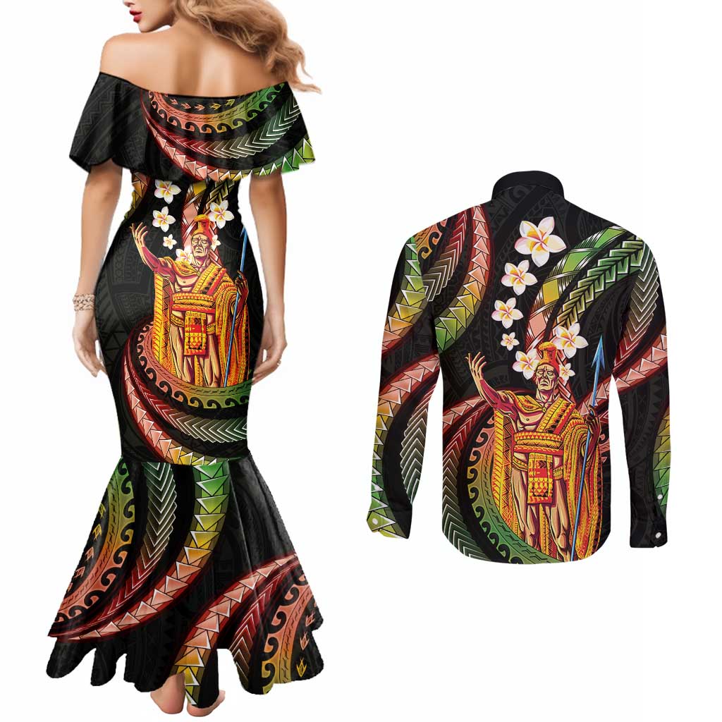 Hawaii King Kamehameha Couples Matching Mermaid Dress and Long Sleeve Button Shirt Fantastic Plumeria Reggae