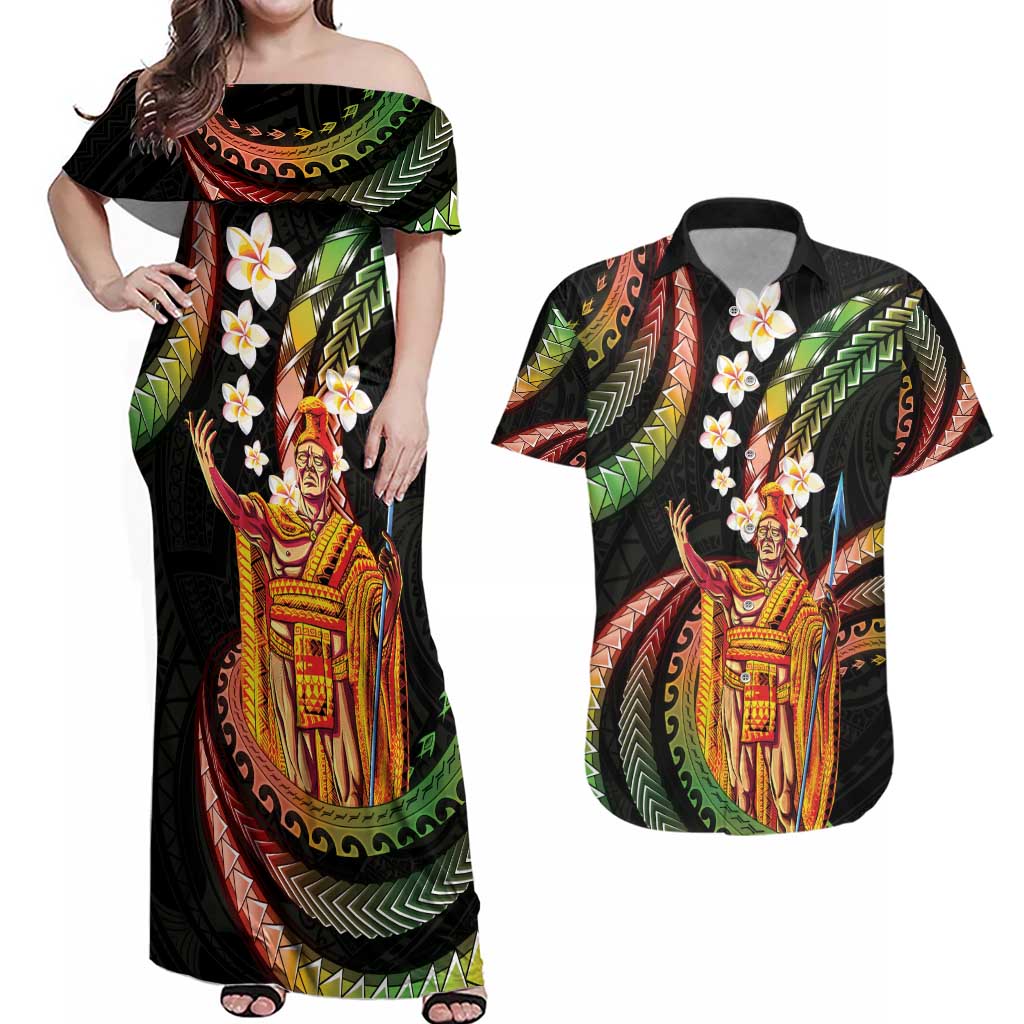 Hawaii King Kamehameha Couples Matching Off Shoulder Maxi Dress and Hawaiian Shirt Fantastic Plumeria Reggae LT01 Reggae - Polynesian Pride