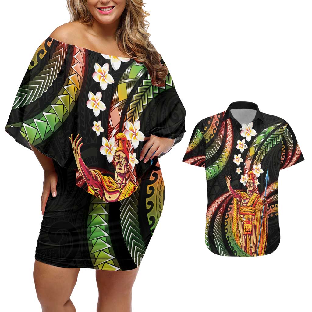 Hawaii King Kamehameha Couples Matching Off Shoulder Short Dress and Hawaiian Shirt Fantastic Plumeria Reggae LT01 Reggae - Polynesian Pride