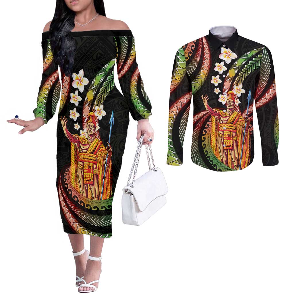 Hawaii King Kamehameha Couples Matching Off The Shoulder Long Sleeve Dress and Long Sleeve Button Shirt Fantastic Plumeria Reggae LT01 Reggae - Polynesian Pride