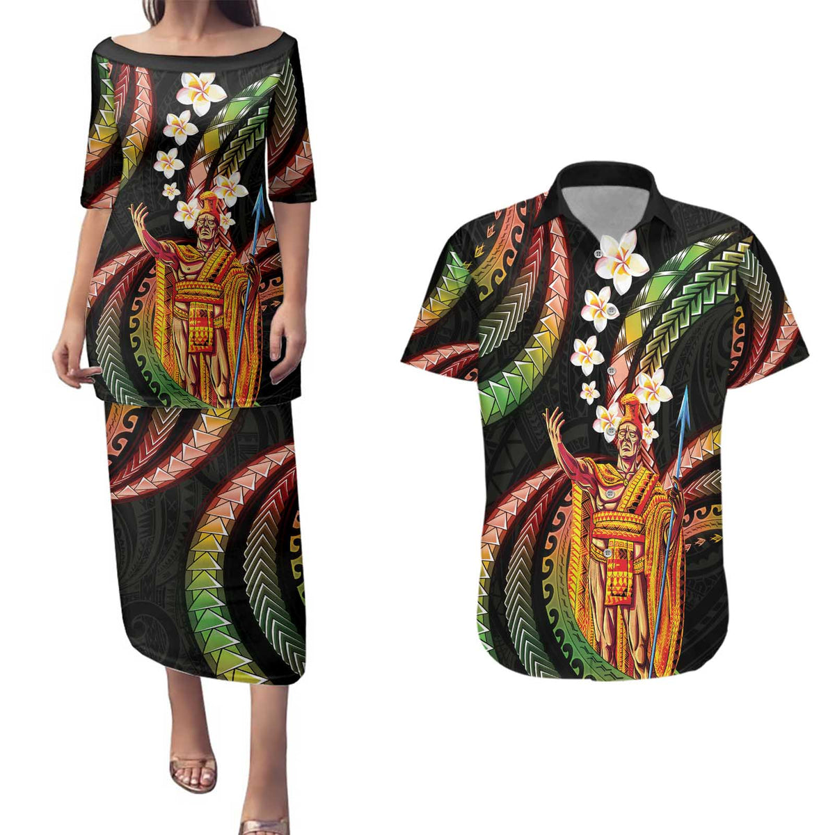Hawaii King Kamehameha Couples Matching Puletasi and Hawaiian Shirt Fantastic Plumeria Reggae