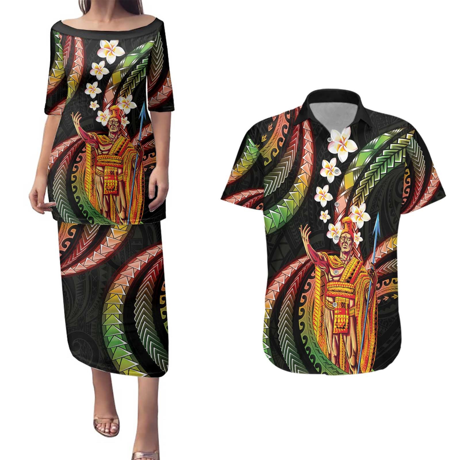 Hawaii King Kamehameha Couples Matching Puletasi and Hawaiian Shirt Fantastic Plumeria Reggae