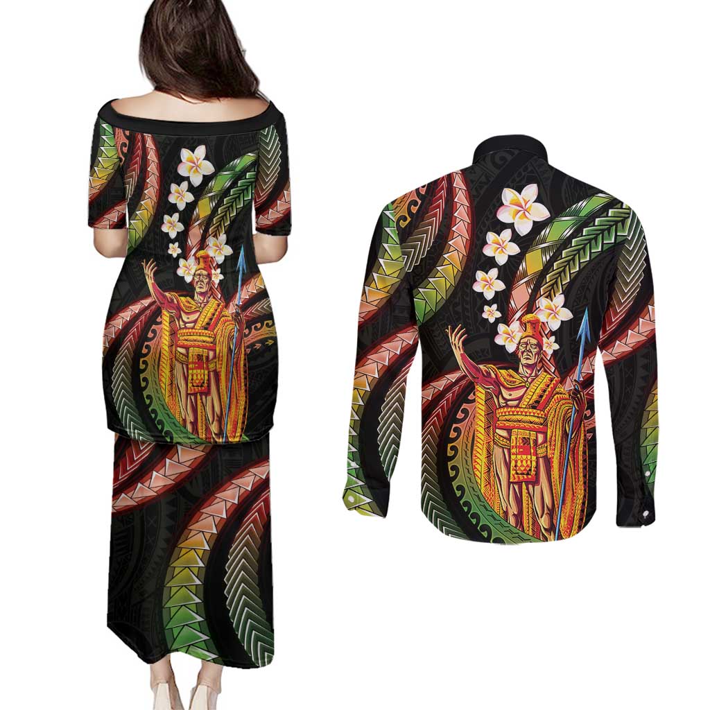 Hawaii King Kamehameha Couples Matching Puletasi and Long Sleeve Button Shirt Fantastic Plumeria Reggae