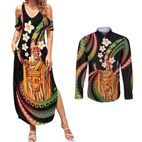 Hawaii King Kamehameha Couples Matching Summer Maxi Dress and Long Sleeve Button Shirt Fantastic Plumeria Reggae