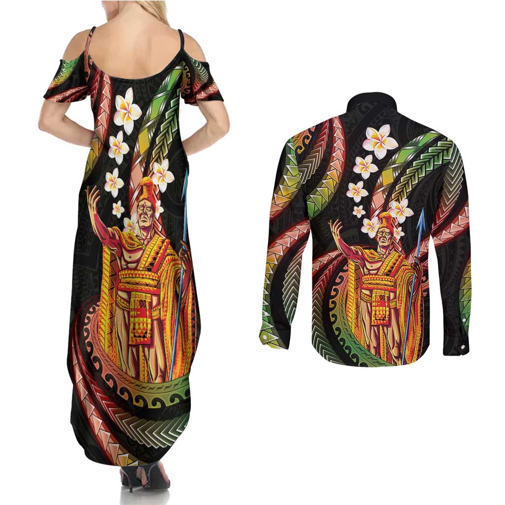 Hawaii King Kamehameha Couples Matching Summer Maxi Dress and Long Sleeve Button Shirt Fantastic Plumeria Reggae